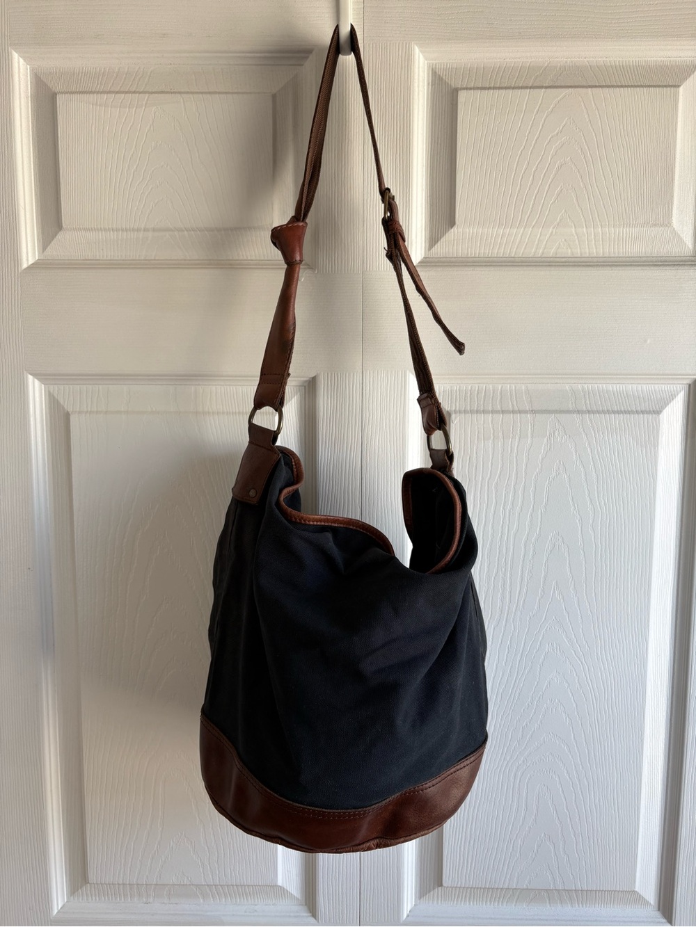 Anthropologie Black Textile Brown Leather Trim Bucket Slouchy Boho Bag Purse